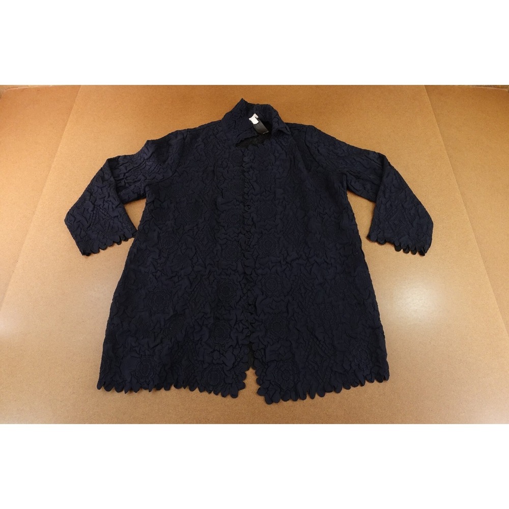 Chicos Travelers Womens 12/14 Navy Blue Lace Long Sleeve Open Front Cardigan